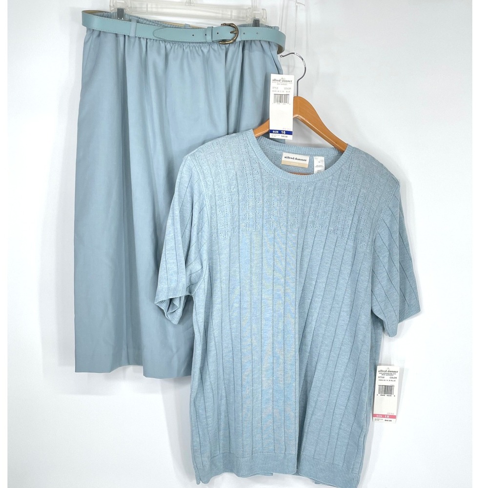 NWT Alfred Dunner Women 2pc Set 16 Skirt 1X Top Blue Zen Garden Pointelle Belted